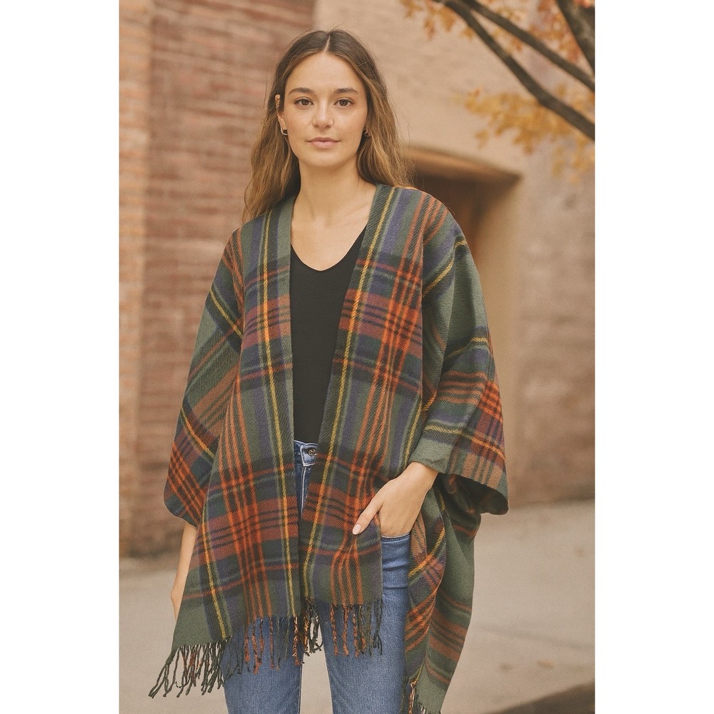 Do Everything In Love Poncho Womens OS Ruana Fringe Plaid Wrap Shawl